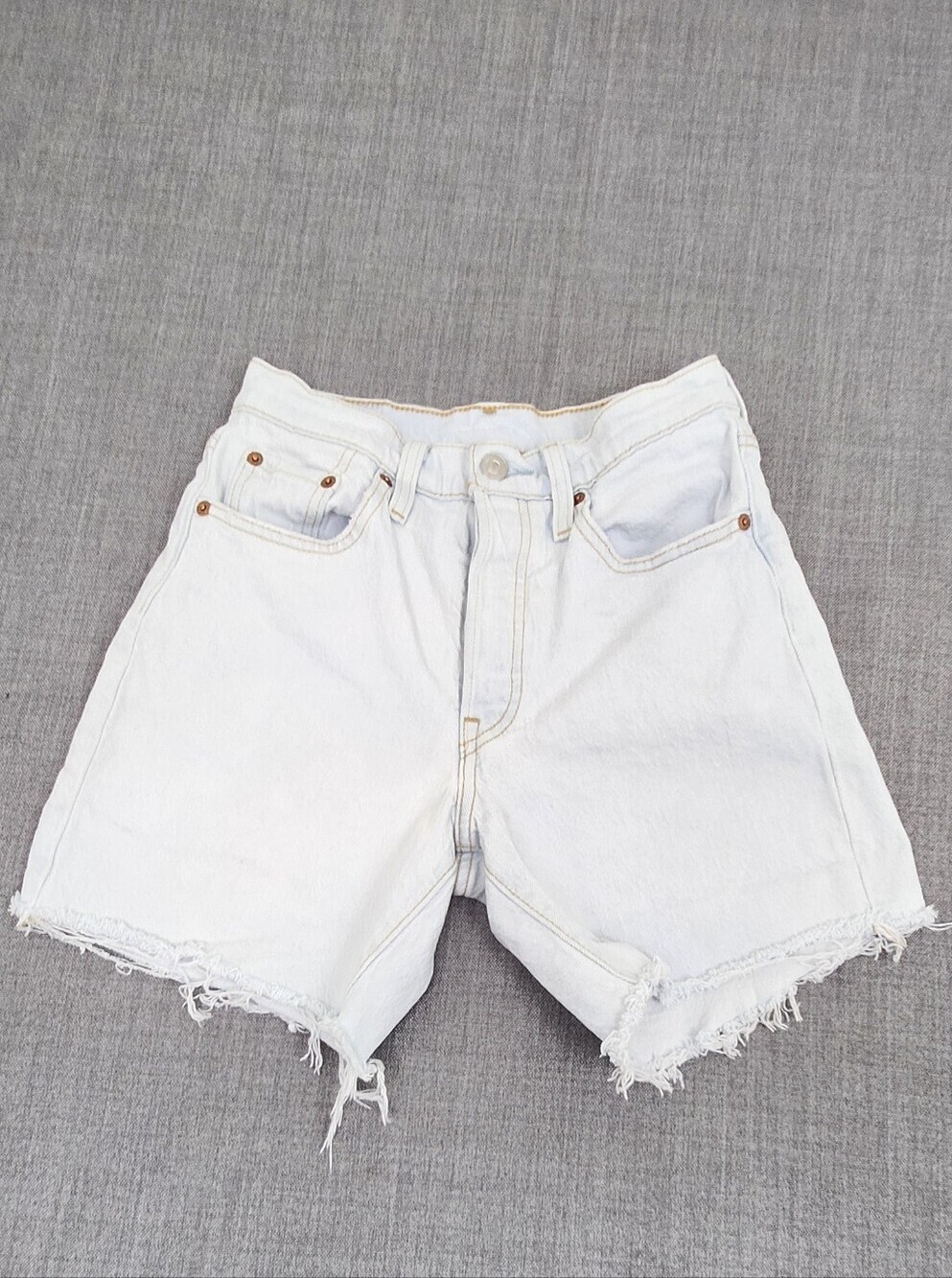 Levis 501 Button Fly Cut Off Style Distressed Cotton Blend Denim Jean Shorts 24 - Picture 1 of 9